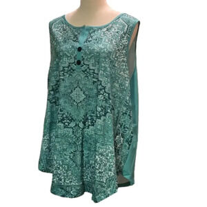 Aztec Print Henley Tank Top Two Tone Green Lightweight Stretch 3XL (USA 18)